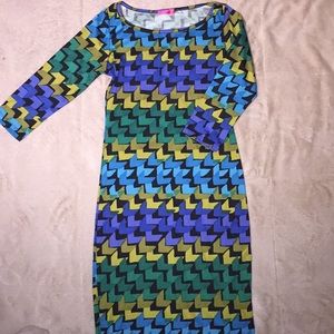 Patterned blue and green bodycon dress w/ sleeves